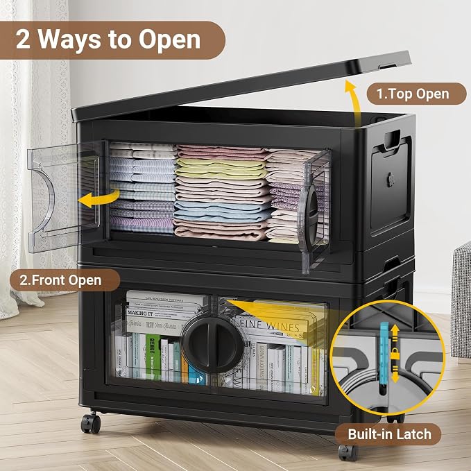 BROVIEW 480Qt Lockable Stackable Storage Bins with Lids, Closet Organizers and Storage Drawer, Collapsible Storage Bin with Wheels, Plastic Cabinet for Toy Clothes Dorm Organizer, V9 4 Pack Black - Image 5