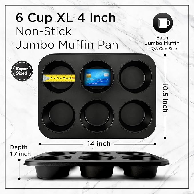 Wrenbury Jumbo Muffin Pan 6 Cup Set of 2 - Nonstick XL Deep Muffin Pan for Baking 3.75" Cup - Big Cup Tin - Oversized Extra Large Cupcake Mold - PTFE Free - Image 2