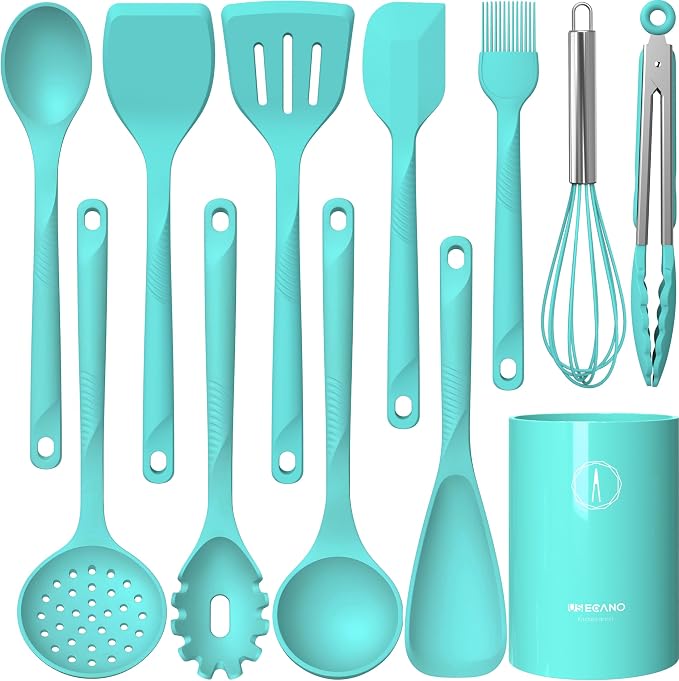 Silicone Cooking Utensils Set - 600°F Heat Resistant, Nonstick Kitchen Utensil Set with Spatulas, Spoons, Whisk, Tongs, BPA Free, Dishwasher Safe (Teal) by Unknown