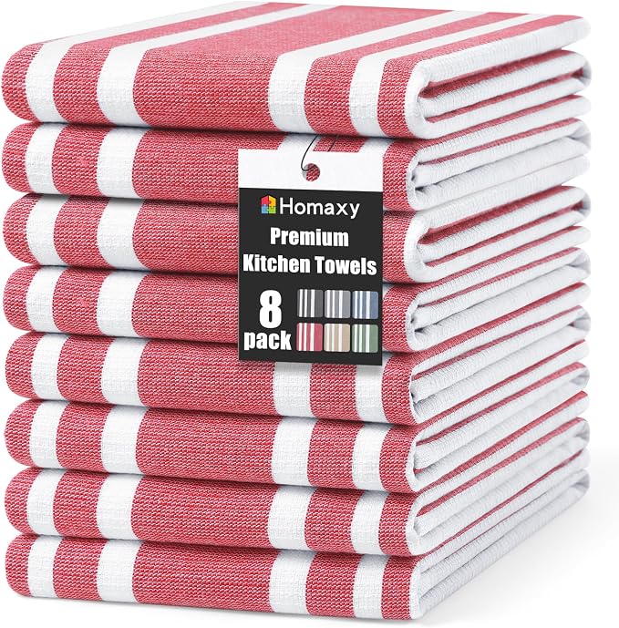 Homaxy Premium Cotton Stripe Kitchen Towels 8 Pack, 18"x 28", Red | Large 380 GSM Kitchen Hand Towels, Soft Terry Dish Towels, Highly Absorbent Tea Towel Set with Hanging Loop by Homaxy