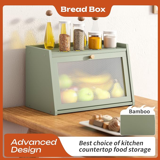 GHWIE Large Bread Box, Easy Access & Cleaning - Bamboo Bread Box for Kitchen Countertop with Acrylic Door (Green, Medium) - Image 2