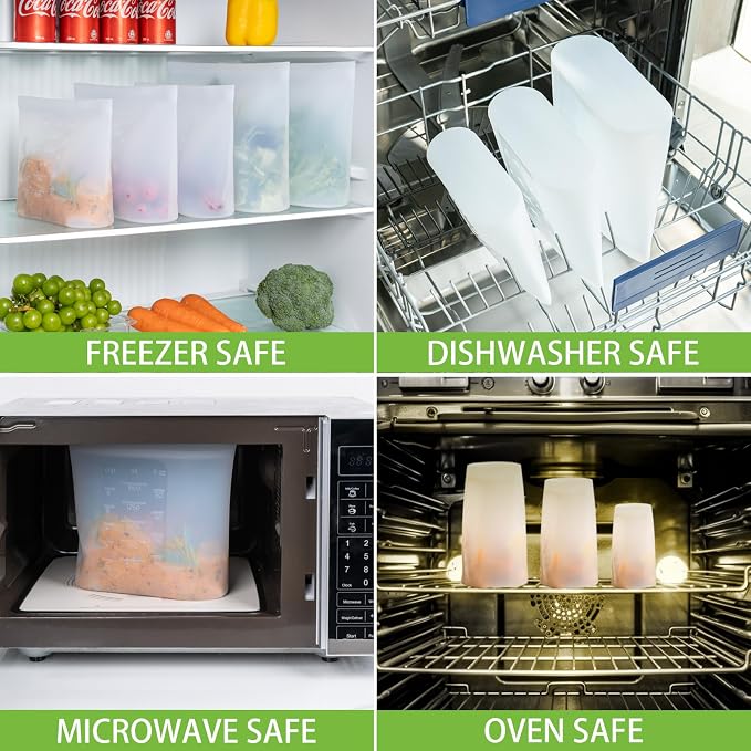 Reusable Storage Bags, Set of 2 Large Sizes, 8 Pack 100% Silicone Food Storage Bags Stand Up Zip Lock Bag for Food, Freezer Microwave Oven Dishwasher Safe, 4 XL-4/5 Gallon, 4 L-1/2 Gallon, Translucent - Image 6