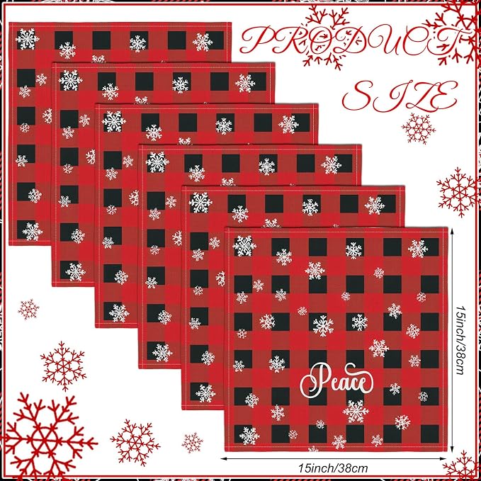 Funnymoom 24 Pcs Christmas Plaid Cloth Napkins Buffalo Gingham 15 x 15 Inches Snowflakes Black and Red Checked Cotton Dinner Napkins Soft Absorbent Washable for Holiday Winter Xmas Party - Image 3
