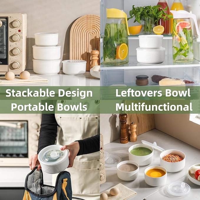 Ceramic Nesting Bowls with Lid, Microwave Safe, Set of 4, White | Food Storage Containers for Work Lunch Picnic Camping Meal Prep Soup Salad Cereal Leftovers - 5 & 6 Inch, 20 & 32 oz - Image 4