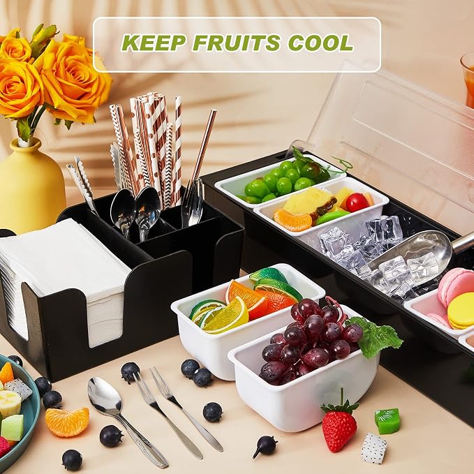 Tessco for you Garnish Tray with Lid Bar Caddy Ice Cooled Condiment Serving Container with Ice Scoop Metal Mini Serving Tongs Fruit Fork Spoons for Food Home Party Kitchen(Plastic,6 Grids) - Image 6