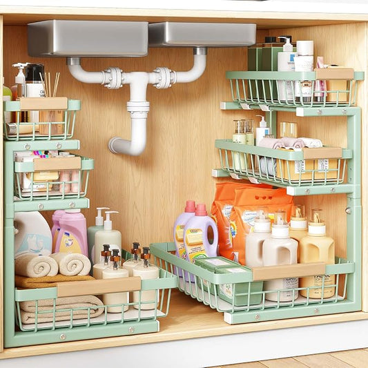 PXRACK Under Sink Organizer, 2-Pack 3-Tier Height Adjustable Thickened Metal Pull out Cabinet Organizer Shelf, Slide out Storage Drawer Rack for Bathroom Kitchen Pantry Home Organization, Green by PXRACK