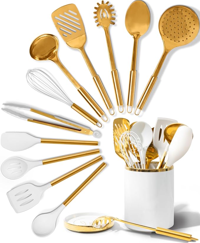 STYLED SETTINGS White and Gold Cooking Utensils Set, 13-Piece | Kitchen Set with White Ceramic Utensil Holder and Stackable Gold Spoon Rest - Luxury Kitchen Accessories for Stylish Cooking by STYLEDSETTINGS