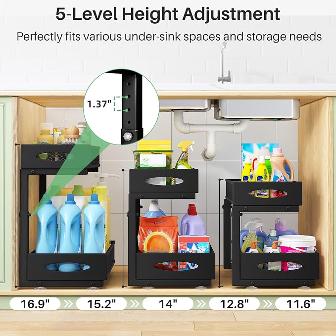 Under Sink Organizer, 2 Pack 2 Tier Pull out Cabinet Organizer Baskets with Mesh Sliding Drawers, Slide out Sink Storage Shelves for Home, Kitchen, Bathroom, Pantry, Office Organizers and Storag,Black - Image 4