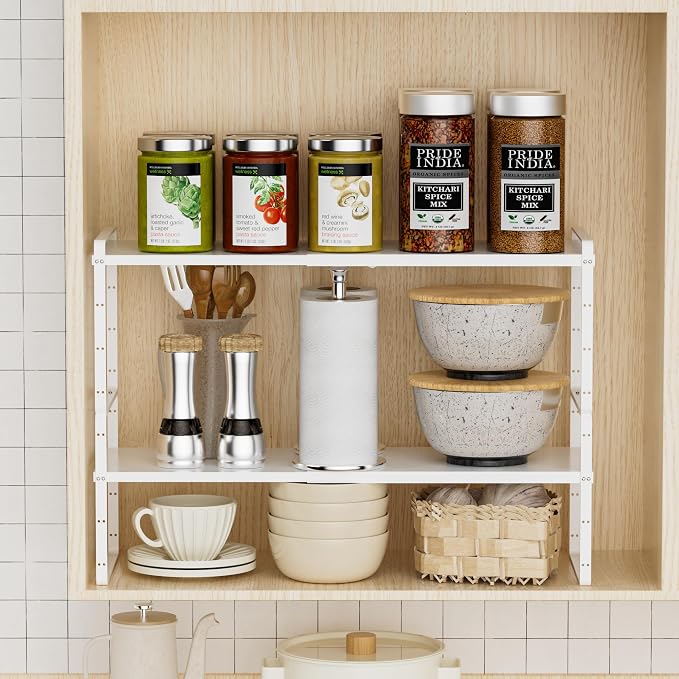 Cabinet Organizer Shelf,Expandable Cabinet Space Rack,Stackable Shelves Adjustable Storage Shelf,Riser for Kitchen Pantry Office,10.24" D,White - Image 3