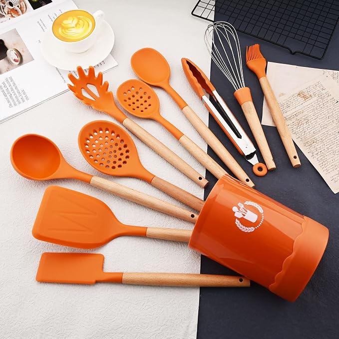 JASHII Orange Silicone Kitchen Utensils Set Orange Rubber Spatulas with Wooden Handle, Silicone Cooking Utensils with Holder, Heat Resistant for Nonstick Cookware - Image 2