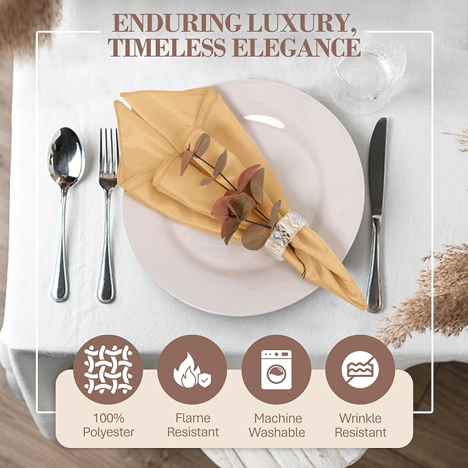 17 x 17-Inch Shantung Satin Cloth Napkins, Camel Set of 12 | Bulk Case of 1 Dozen, Square, 100% Polyester Fabric, Reversible, Faux Dupioni Silk Reverse Side, Machine Washable, Brown - Image 2