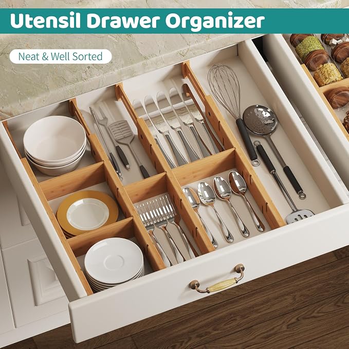 8 Pack Kitchen Drawer Dividers with Inserts, Bamboo Adjustable Drawer Organizers, Expandable Organization for Home, Dressers, 8 Dividers with 16 Inserts - Image 7