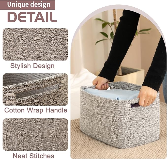 OIAHOMY 4 Pack Storage Baskets for Organizing, Cube Storage Bins for Shelves, Rectangle Storage Baskets With Handles, Woven Baskets for Storage, 16''Lx12''Wx8''H, Grey - Image 2