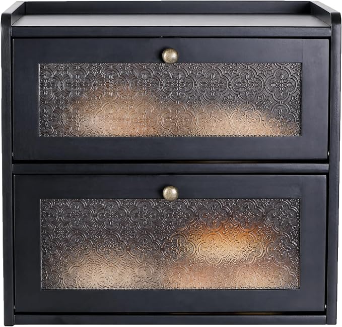 Sunhoo Bread Box for Kitchen Countertop, Large Pine Wood Breadbox, Black | Farmhouse Pantry Container, Double Layer Storage, Fresh Homemade Sourdough Bin, Vintage Textured Acrylic Door, Easy Assembly by Sunhoo