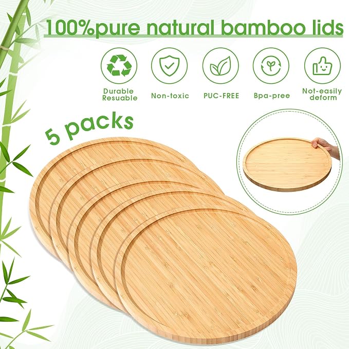 Bamboo Tray - 5 Pcs Wood Plates, Round Charcuterie Board & Serving Platter with Rim for Kitchen, Fruit, Bread, Salad, Coffee Table, Home, Hotel, Restaurant (8 Inch) - Image 6