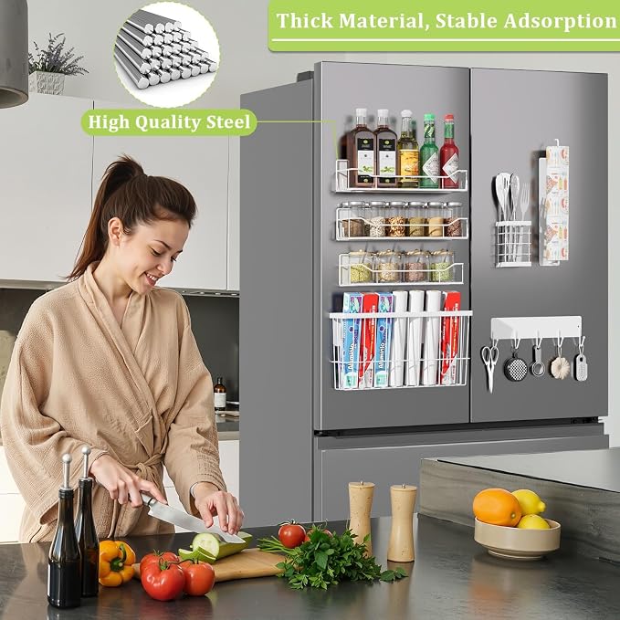 Magnetic Spice Rack for Refrigerator, 7 Pack Magnetic Fridge Shelf for Kitchen Organization Storage, Moveable Spice Organizer W/Paper Towel Holder, Utensil Caddy, Cutting Board Rack (White) - Image 6
