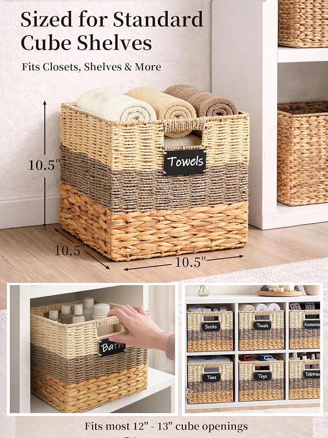10.5 Inch Cube Storage Bin, 4 Pack Wicker Storage Baskets, Natural | Water Hyacinth Cubby Baskets, Square Handwoven Storage Bins, Foldable Shelf Baskets with Handles for Home, Organizer, decor - Image 3