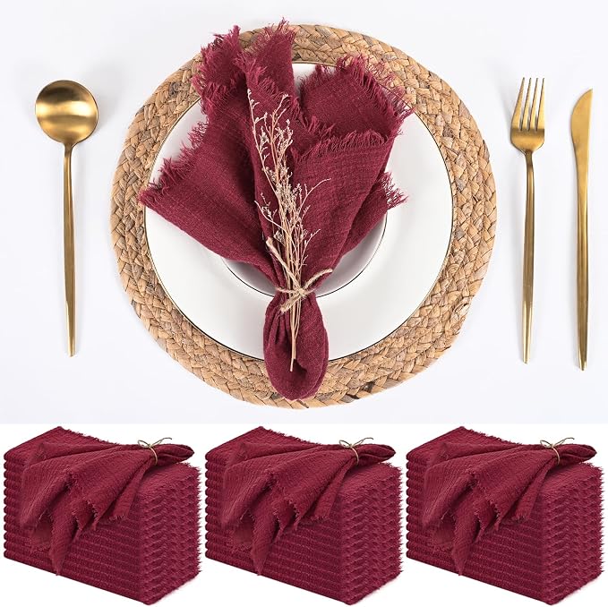 36 Pack Burgundy Cloth Napkins, 12 x 12 Inch Cotton with Fringe Settings | Handmade washable reusable cotton dinner napkins in bulk for weddings, parties, rustic boho table settings by FXKS