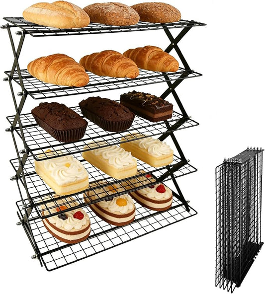 5 Tier Collapsible Cooling Rack Sourdough Cooling Rack 17"x10" | Cooling Racks for Cooking and Baking, Roasting, Grilling, Adjustable 6 Setting Design stackable, Oven & Dishwasher Safe by JINANJUNGU
