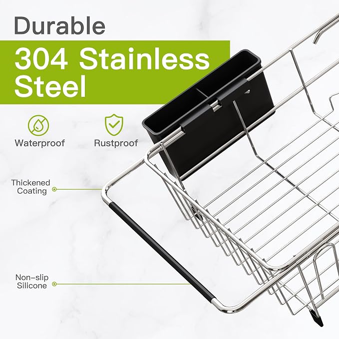JASIWAY Dish Drying Rack in Sink, Dish Drainer with Cup and Utensil Holder | Over The Sink Expandable Stainless Steel Strainer Dryer Rack for Small Kitchen, Counter Space Saving, Fast Drain, Rustproof - Image 5