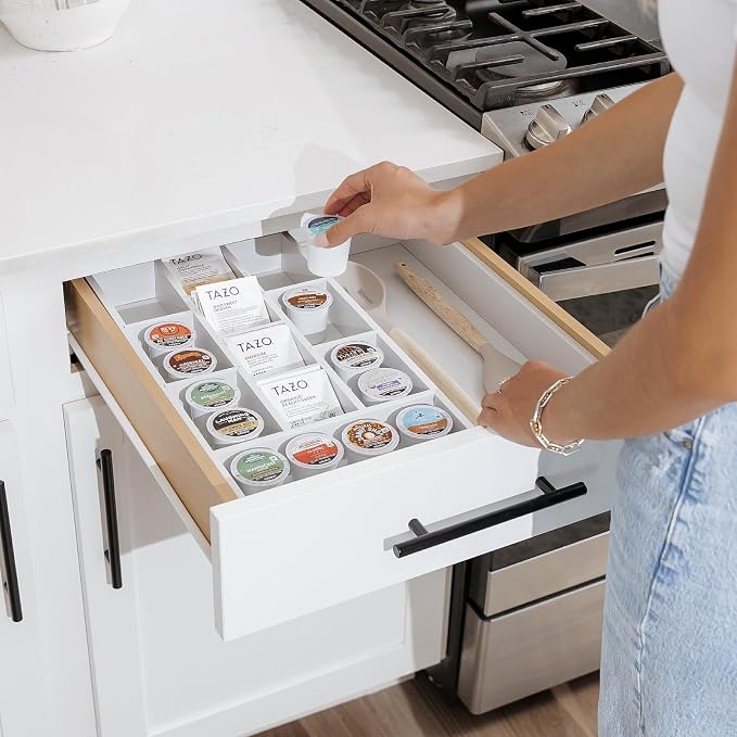 Tea Bag & Coffee Pod Organizer, 9.7-17 in, White Bamboo | 10 storage compartments, adjustable wall inserts, non-slip feet, food-safe - Image 7