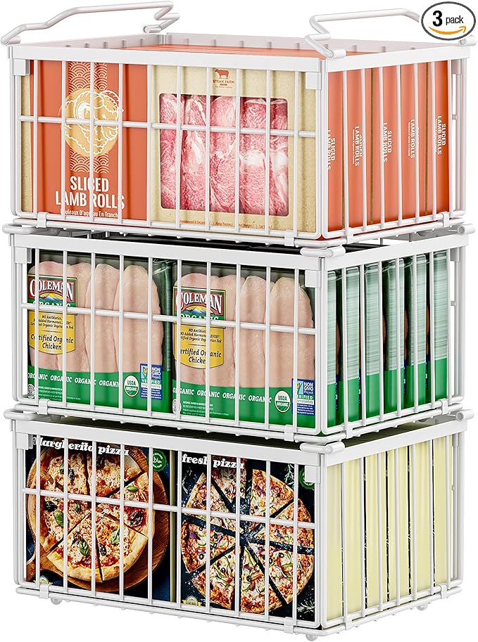 Freezer Organizer Bins, 3 Pack Enlarged Baskets for 5-9 Cu.FT Deep Freezer | Stackable Chest Freezer Organizer Bins, Foldable with Handles, White Storage Container Baskets for Sort Frozen Meats by MSERCUOR