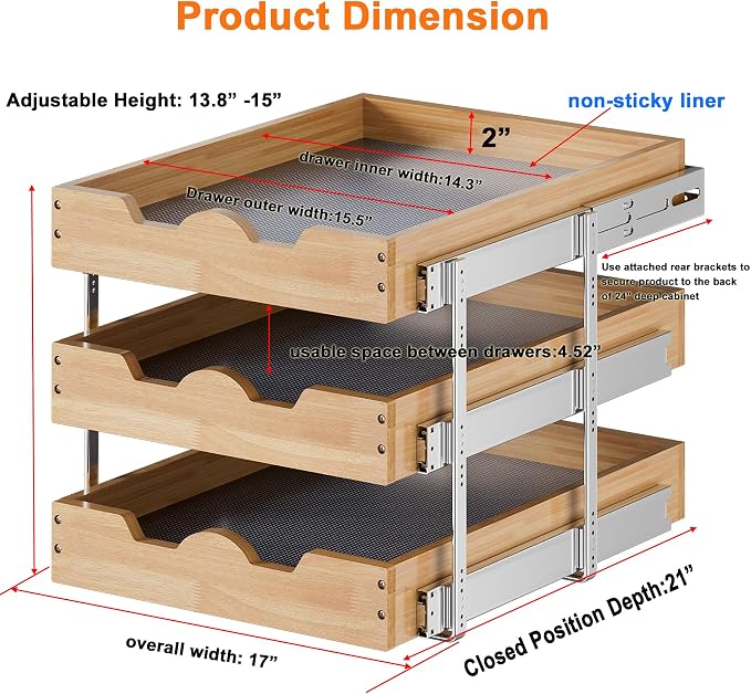 DINDON 3 Tier Pull Out Cabinet Organizer 17”W X21”D Slide Out Shelves With Shelf Liner for Kitchen Wood Roll Out Drawers Pantry Organization - Image 2