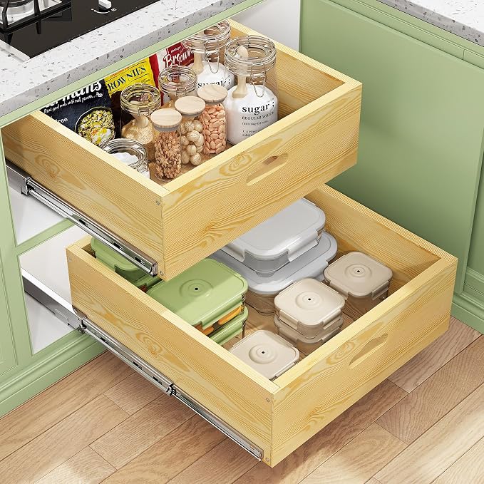 Pull Out Cabinet Organizer, Soft Close Slide Out Solid Wooden Drawers(15"W X 21"D x 6.2''H), Heavy Duty Full-extension Roll Out Shelves for Kitchen Cabinets,Pantry & Closet Organizers and Storage by Kitstorack