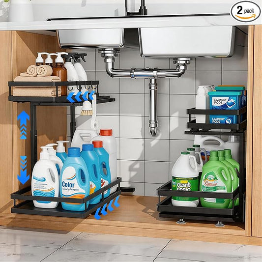 2-Tier Metal Pull-Out Under Sink Organizer, Black, 2 Pack | Carbon steel 2-tier set, ball-bearing slides, adjustable height, no-drill setup, for kitchen and bathroom cabinets by jcylq
