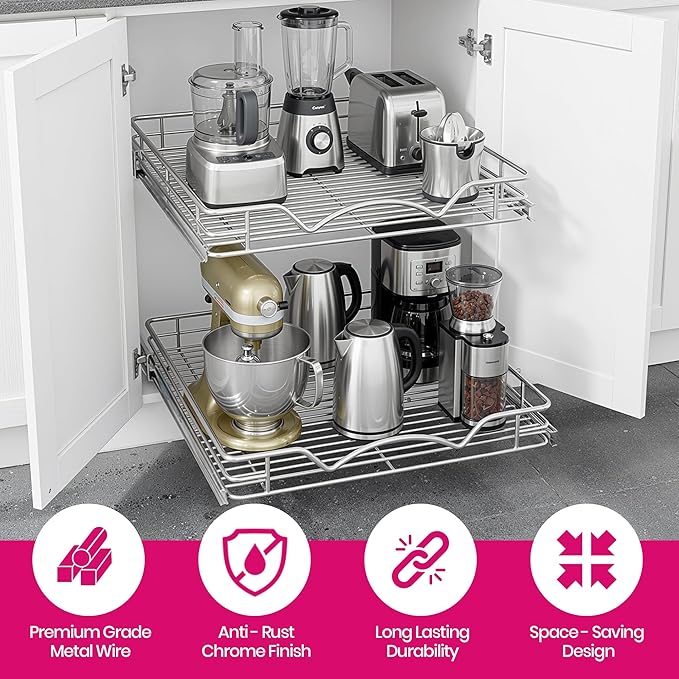 2-Tier Pull-Out Cabinet Organizer for Kitchen, 20" W x 21”D x 16.5" H | Full-Extension Sliding Shelves, Holds 100 lbs, Easy Install for Kitchen, Pantry & Under Sink Cabinets - Image 4