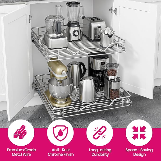 2-Tier Pull-Out Cabinet Organizer for Kitchen, 14" W x 21”D x 16.5" H | Full-Extension Sliding Shelves, Holds 100 lbs, Easy Install for Kitchen, Pantry & Under Sink Cabinets - Image 4