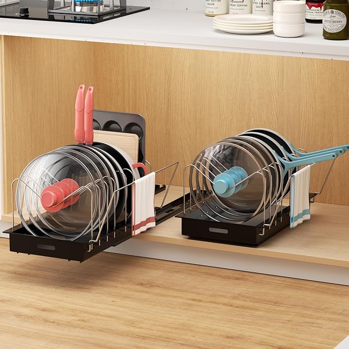 Pots and Pans Organizer Under Cabinet, Pot Lid Holder, 2 Pack | No Drill Slide-Out Pan Organizer with Adjustable Dividers & Handle Bracket, Pan Storage Inside Cabinet for Kitchen - Image 9