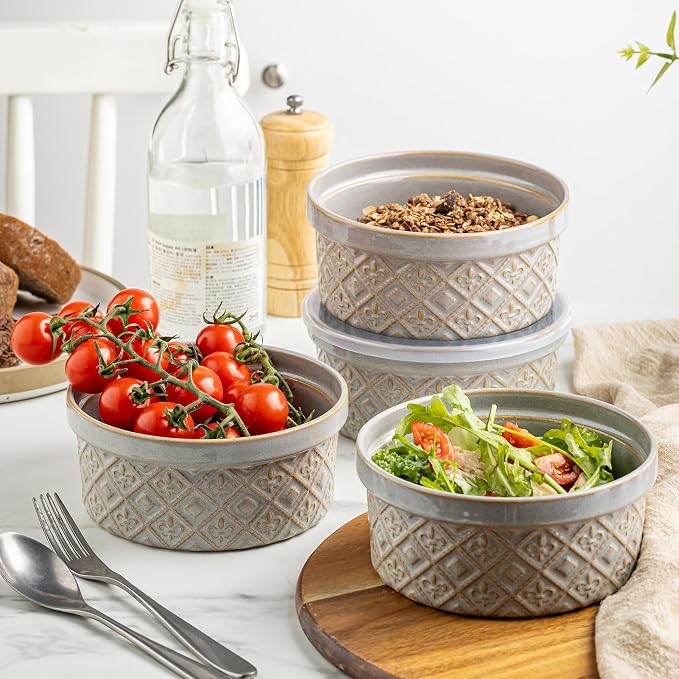 Large Ceramic Mixing Bowls with Lids Set of 4, 40 oz Salad Bowls for Kitchen Food Storage, Airtight Serving Bowls for Meal Prep, Cereal, Leftovers, Office Lunch, and Camping, Grey - Image 8
