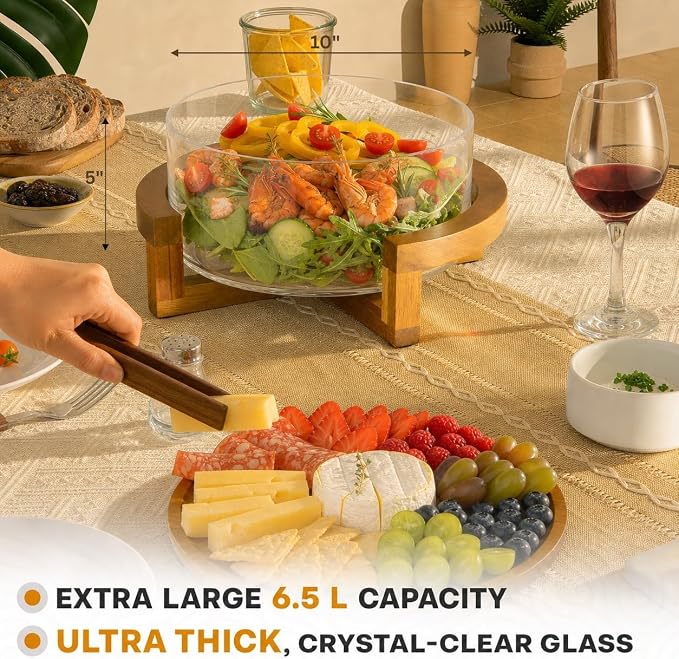X-Large 6.5 L Glass Salad Bowl with Lid Set, Decorative Glass Mixing Bowl, Trifle and Serving Bowls with Lids as Cheese Charcuterie Board and Plate, Comes with Wood Serving Utensils - Image 4