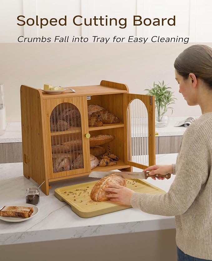 Bread Box for Kitchen Countertop, Large Double Layer Wooden Bread Storage Container with Acrylic Window, Adjustable Air Vents & Built-In Cutting Board, Pantry Organizer - Image 6