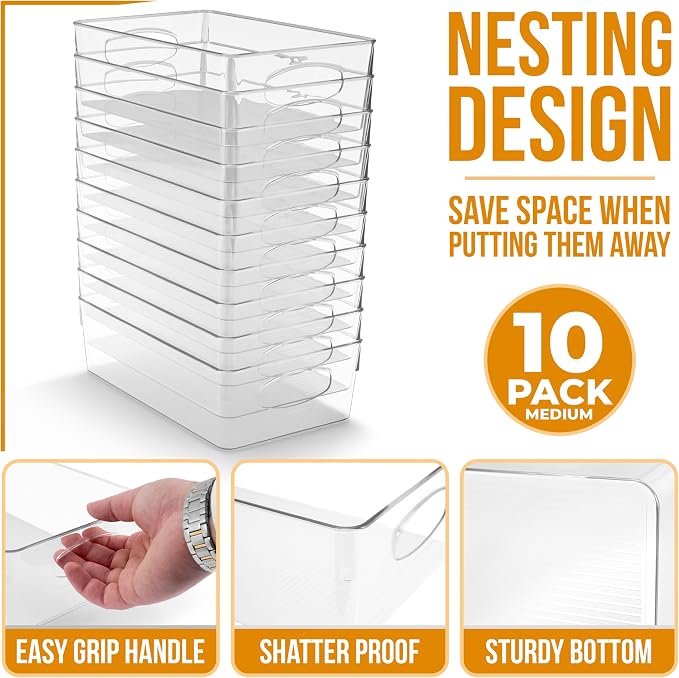 Sorbus Medium Clear Plastic Storage Bins for Organizing, 10 Pack Clear Organizer Bins with Handles Plastic Storage Bins for Closet, Pantry, Fridge, Medicine Cabinet Organizer, Shelves, Freezer, Drawer - Image 2