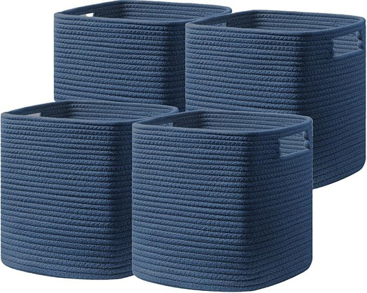 UBBCARE Set of 4 Cotton Rope Basket 12 X 12 X 12 Inches, Woven Storage Baskets for Shelves, Organizing with Handles, Cube Storage Bins for Storage Books, Magazines, Navy Blue by UBBCARE