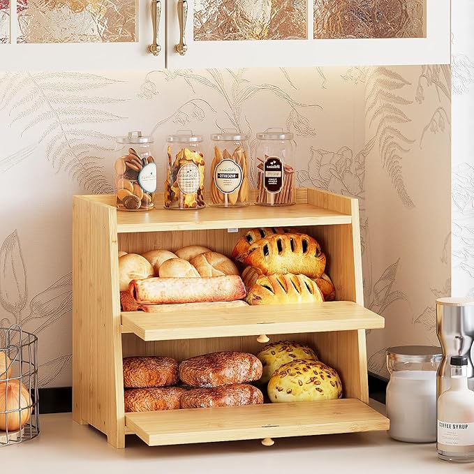 Trironsun Vintage Double Layer Bread Box for Kitchen Counter Bamboo Bread Storage Container Large Capacity Bread Storage Bin (Natural Bamboo) - Image 2
