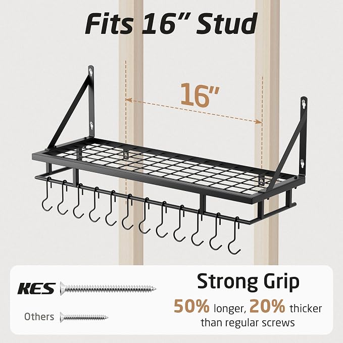 KES 30-Inch Kitchen Pan Pot Rack Wall Mounted, Hanging Storage Organizer | 88 Lbs Capacity, Wall Shelf with 12 Sturdy Hooks, 16-Inch Stud Mount, Matte Black, KUR215S75A-BK - Image 6