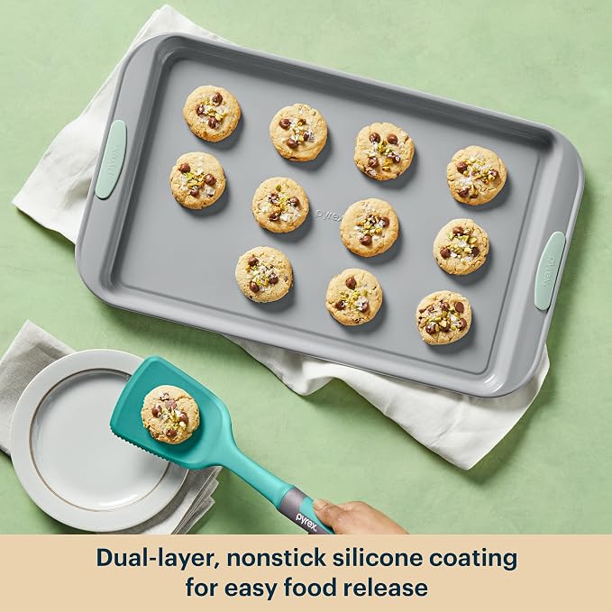 Pyrex 3-Piece Metal Cookie & Muffin Sheet Bakeware Set, Sage | Lightweight stainless steel baking trays with heatsafe silicone handles, made without PFAS, mercury, lead, cadmium & BPA - Image 5