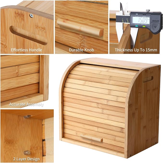 G.a HOMEFAVOR Bread Box, 2 Layer Bamboo Bread Boxes for Kitchen Food Storage, Large Capacity Bread Keeper Roll Top with Removable Layer, 15" x 9.8" x 14.2", 15 mm Thickness (Self-assembly) | Roll Top Bread Keeper with Removable Layer, Large Capacity, 1... - Image 4
