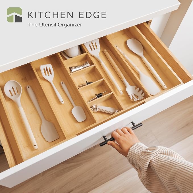 Silverware & Utensil Organizer Bundle, 16-28in & 14-25in | Includes two organizers, expandable 16-28 in; 14-25 in, food-safe bamboo, fits most drawers - Image 2