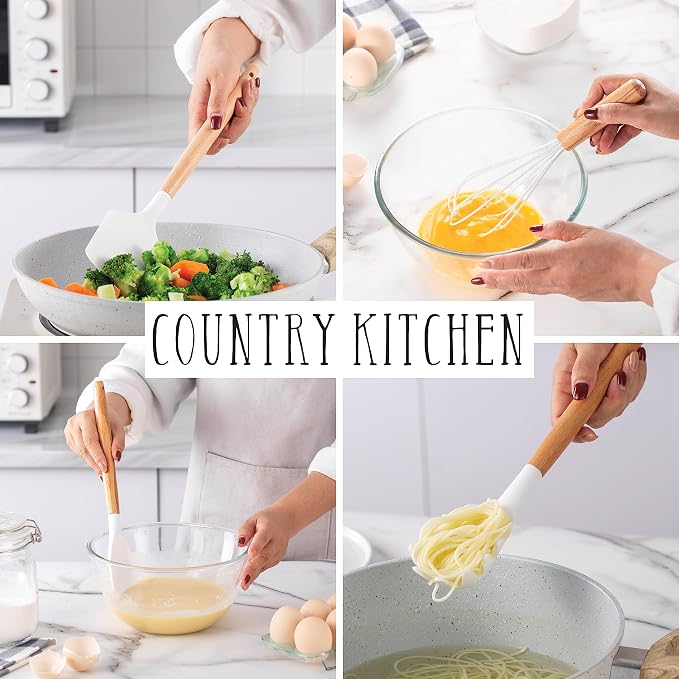 Country Kitchen Non Stick Silicone Utensil Set with Rounded Wood Handles for Cooking and Baking, 14 Piece Set, White - Image 3