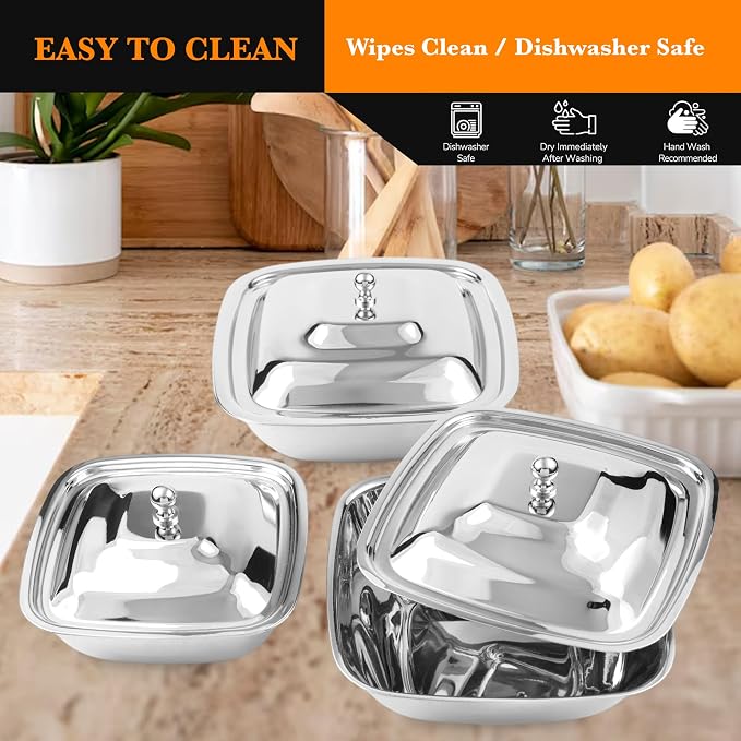 CRAFTONE Stainless Steel Square Mixing Bowls Set of 3 with Lid, Ideal for Baking & Serving Salad, Rice, Desert, Food Storage Bowl Set (20 Oz, 30 Oz and 35 Oz) - Image 5