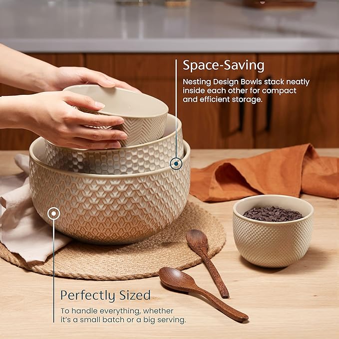 KooK Ceramic Mixing Bowls, Nesting Set of 4, Embossed Kitchen Dishware, Prep, Serving, Gift, Microwave and Dishwasher Safe, 20/44/98/145 oz, Narbonne Collection (Almond) - Image 3