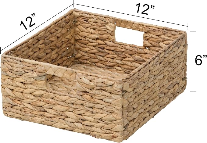 Large Square Woven Hyacinth Wicker Pantry Storage Baskets, Set of 2 | 12"x12"x6", Natural, Iron Wire Frame - Image 6