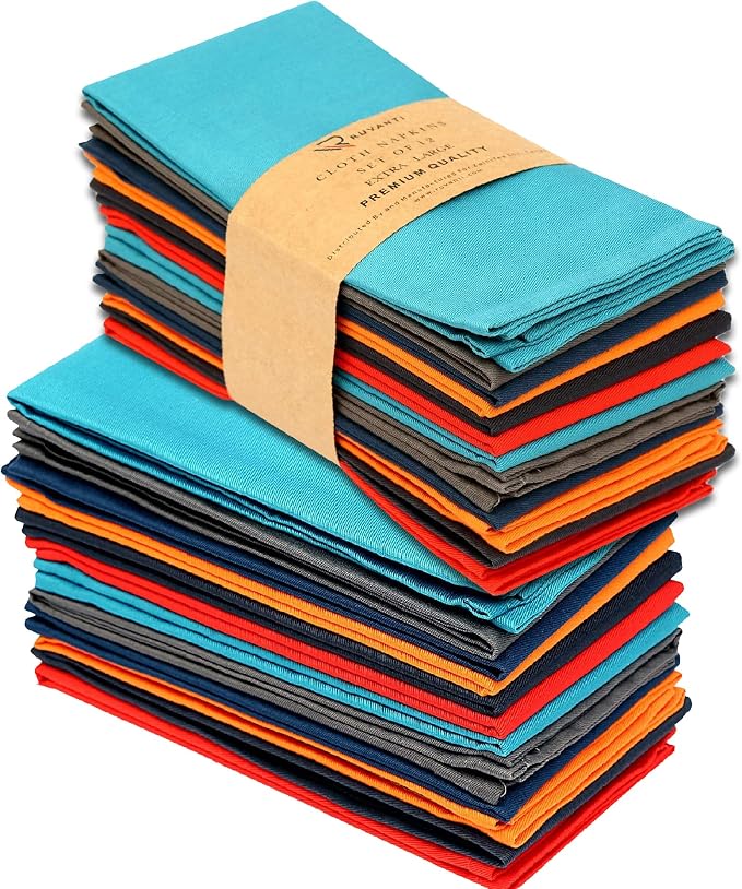 Ruvanti Cloth Napkins Set of 24, 18x18 Inch Napkins Cloth Washable, Soft, Durable, Absorbent, Cotton Blend. Table Dinner Napkins Cloth for Christmas Parties, Restaurant, Weddings, Dinner - Multi Color by Ruvanti