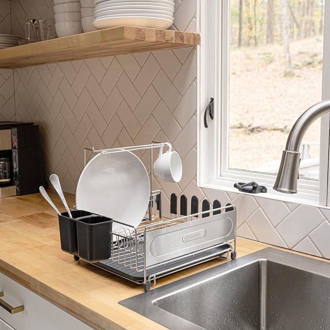 happimess Dish Drying Rack Compact Stainless Steel, 17.25", Silver/Black | Fingerprint-Proof, Wine Glass Holder, Detachable Utensil Caddy, Drainboard, Non-Slip Feet, Modern Contemporary Style - Image 2