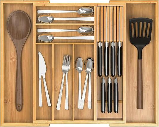 Bamboo Kitchen Drawer Organizer, Expandable Silverware Organizer with Removable Knife Block, 6-8 Slots- Utensil Holder & Cutlery Tray Drawer Dividers, 2.36" Deep for Extra Capacity, Natural by Thalomely