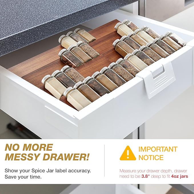 Tinamo Acacia Wooden Spice Rack Organizer for Cabinet - Spice Drawer Insert, Spice Organization for Cabinet, Seasoning Organizer, 4-Tier Spice Jar Rack for Drawer, Spice Holder Pack of 8 (64 Jars) | Acacia Wood Construction, No assembly, Stackable 4-tr... - Image 2